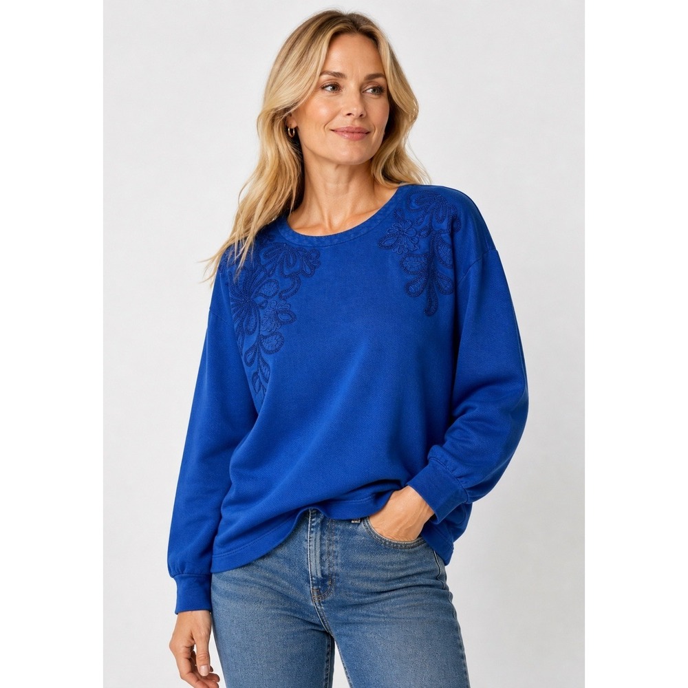 Pure Jill Elements Shirt Women XS Blue Floral Embroidered Cotton Top Boho